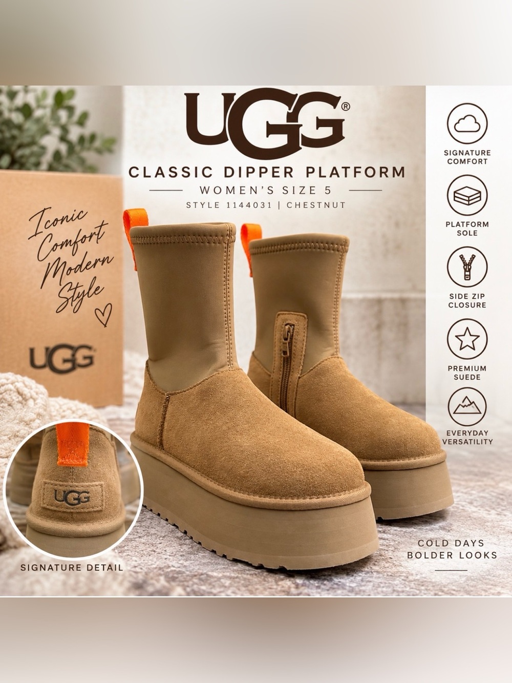 UGG UGG Classic Dipper Platform 1144031 Women's Fashion Boots Chestnut Sz 5